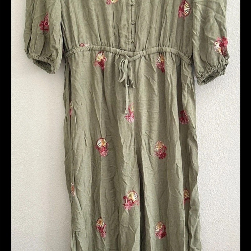 LIV Anthropologie Jumpsuit Romper Overall Embroidered Olive Green XL Extra Large